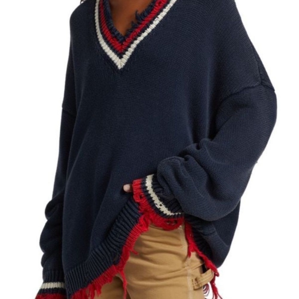 Denimist XS Distressed Tennis Sweater Navy Red Oversized V Neck Destroyed Hem